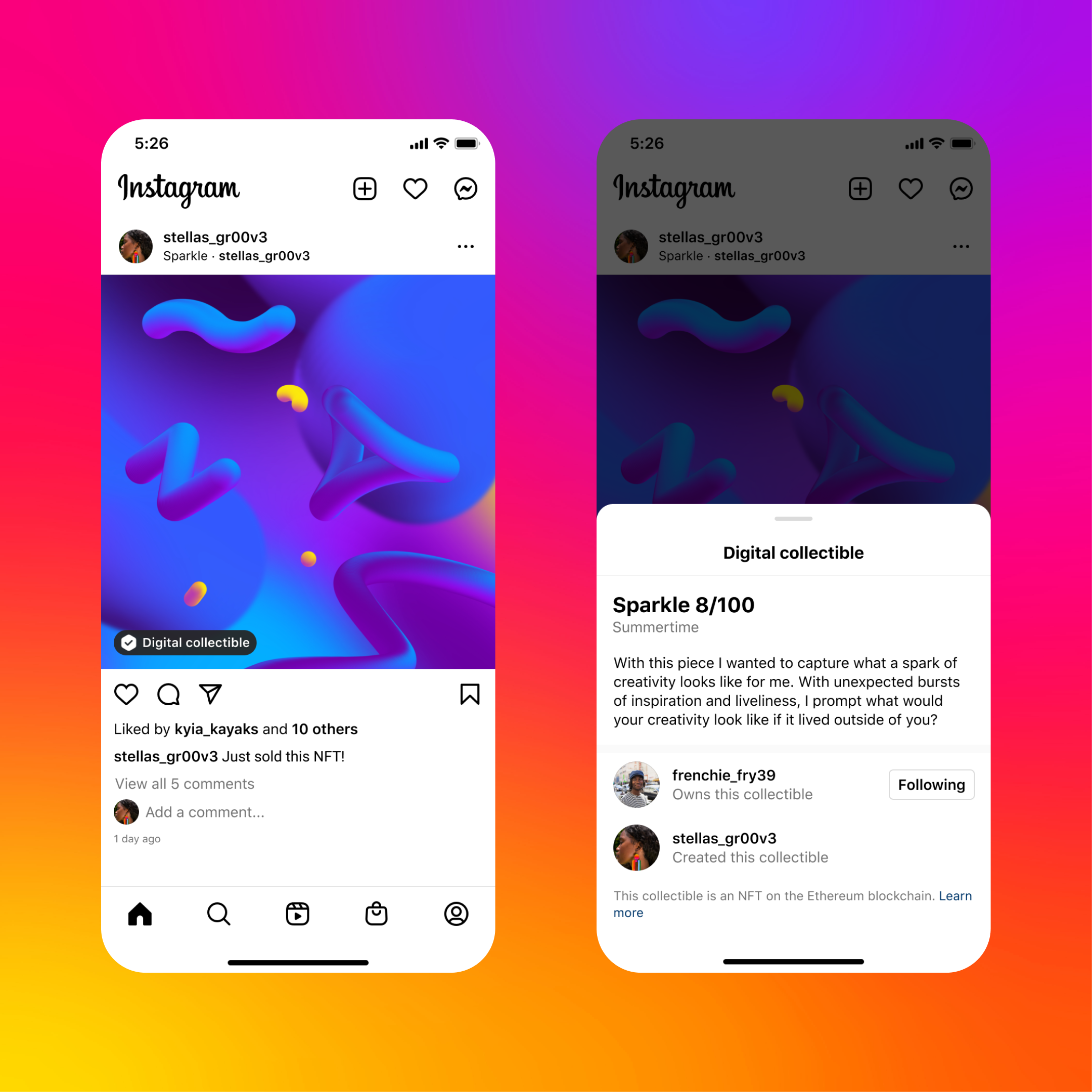 Digital collectibles sharing and posts, Source: Instagram/Meta Platforms